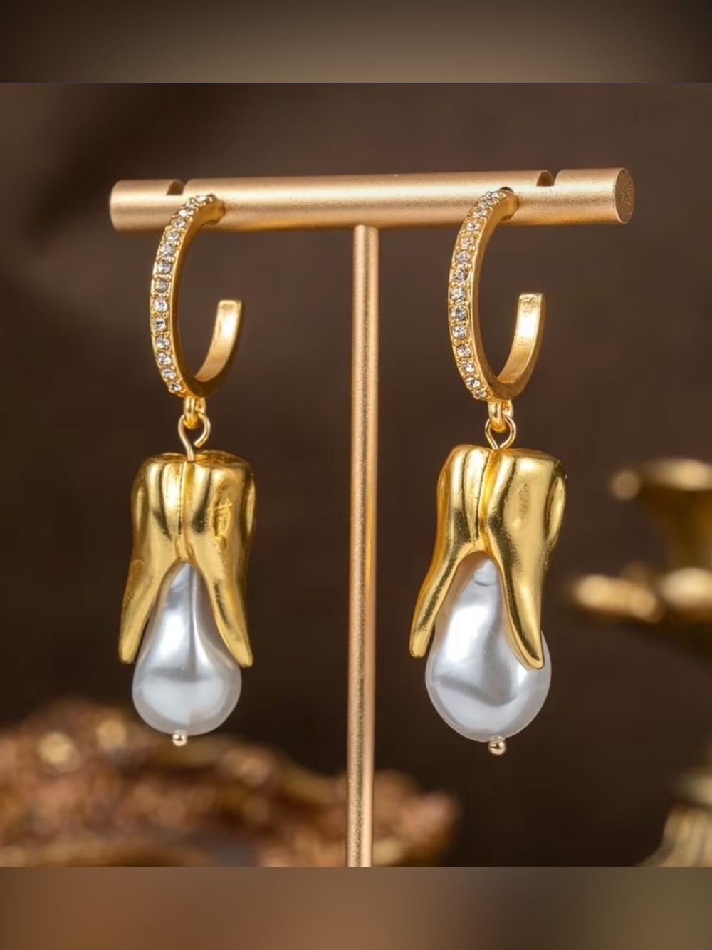 Schiaparelli Inspired Gold Pearl Drop Hoop Earrings